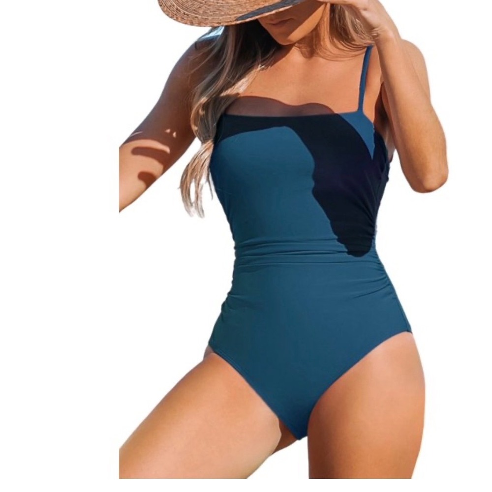 Cupshe Women Teal Blue Ruched One Piece Swimsuit Strappy Back XL T1S0043 NEW